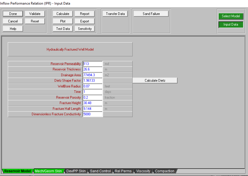 Figure 3: Input parameters for the hydraulic fracturing model in Prosper.