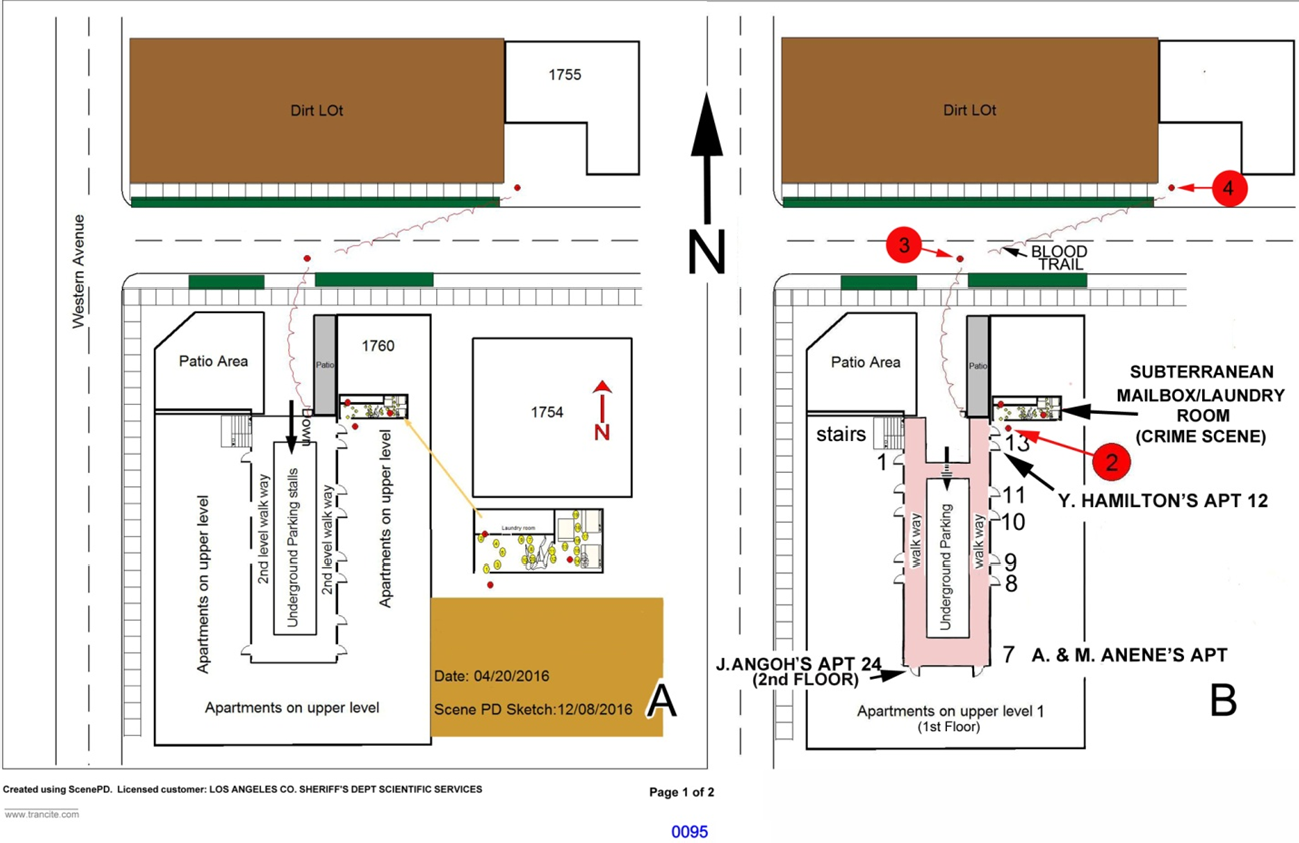 Figure 1: A. Building design submitted in the discovery showing where the shooting occurred and the location of the mailboxes/ laundry room on the ground (parking) floor; included in this graphic is a representation of a blood trail from the laundry room to a driveway across the street. B. Graphic taken from A which shows the apartment door locations and the locations of Apartment 12 that Harris visited prior to the shooting and Apartment 7 where the victim lived; the crosswalk between east and west side of the building is correctly positioned. The apartment door locations are indicated from shooting scene images and investigator diagram. Bloodstain 2 is on the front step into the mailboxes/ laundry room off the subterranean parking area. Bloodstains 3 (on the street) and 4 (on a driveway across the street), which were sampled for DNA, are shown. These bloodstains were from Harris.