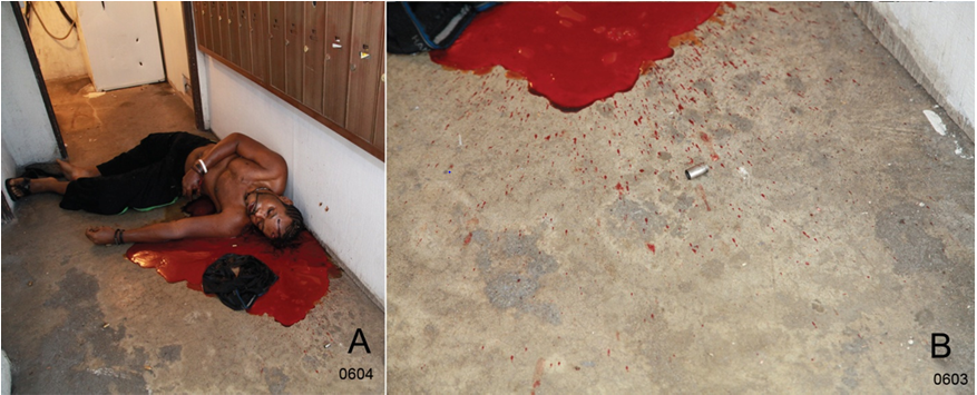 Figure 16: Bloodspatter associated with the large blood pool. A. the body with the blood pool. B. The bloodspatter; the casing is evidence item 3.