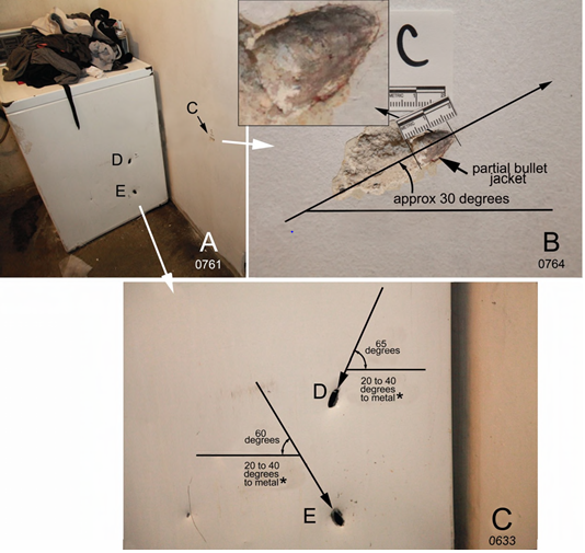 Figure 8: Bullet strikes C in the wall and D and E on the front of the washing machine. A. The two bullet defects in the washing machine and the bullet-caused defect in the wall. B. The bullet defect on the concrete wall near the washing machine; part of the bullet jacket is embedded in the concrete wall (inset). The length of the embedded jacket is 16 mm and 11 mm width at its widest. The approximate trajectory angle is 30 degrees upward. This defect is 28 ½ inches (72.5 cm) from the floor ([1] p 69). C. Bullet strikes D and E on the washing machine; the trajectory angles are shown. *: the vertical angles to the metal of the washing machine are shown estimated on ([5] p 272). Defect D is 17 inches from the floor ([1] p 69).