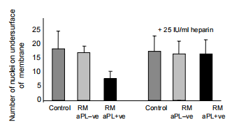 Figure 2: Antiphospholipid antibodies impair extra-villous trophoblast invasion. This is restored by un fractionated heparin. RM, recurrent miscarriage; aPL, antiphospholipid antibodies.