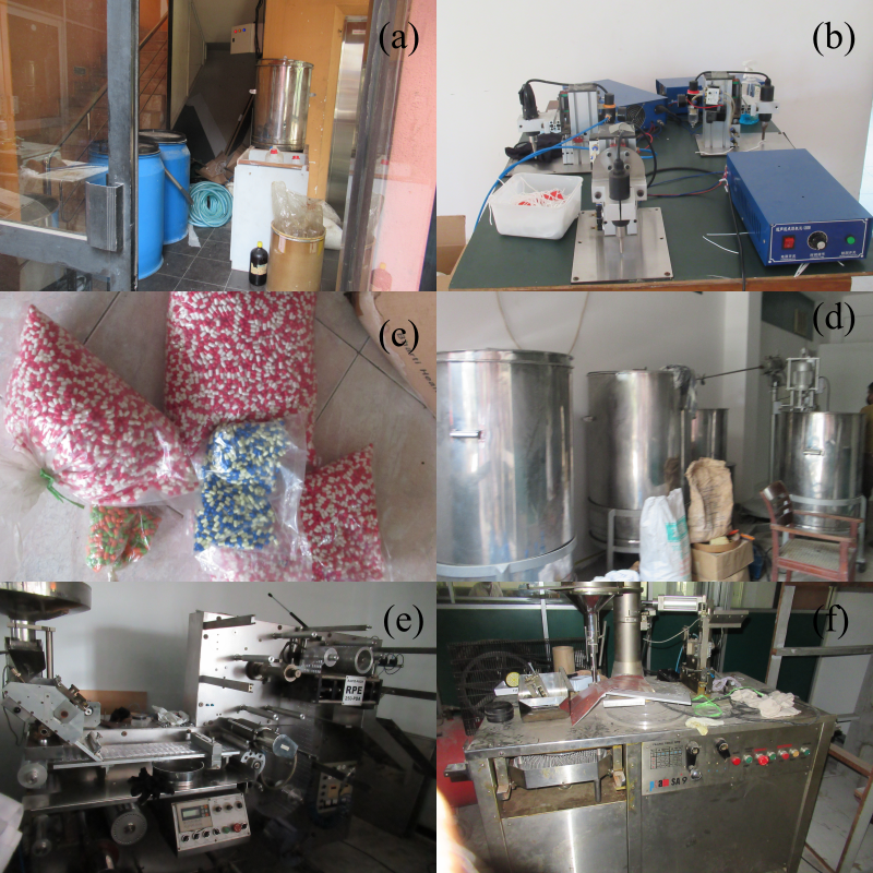 Figure 1: A: Plastic Containers; B: Equipment; C: Empty Capsules; D: Metal Containers; E&F: Machinery at the Site of Illicit Drug Manufacturing.