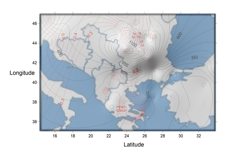 Figure 2: Balkans, the Mortality Rate (Black Isolines) from Diseases of the Circulatory System (I00-I99) and its Correlation with Annual Alpha Particle Flux (Red Isolines).