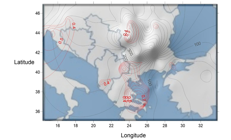 Figure 4: Between Mortality from Cerebrovascular Diseases (Icd-10, Codes (I60-I69)) for Balkans and Greece (Black Isolines) and the Annual Alpha Particles Flux Reaching Earth’s Orbit, there is a Large, Statistically Significant Correlation (Red Isolines).