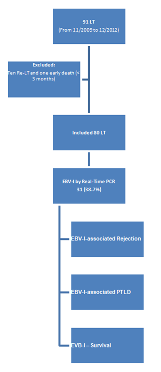 Figure 1: Pediatric LT population. Clinical variables, including sex and age at transplant, indication for transplant, transplant type (deceased cadaveric vs. living-related donor), recipient EBV serostatus at time of transplant, development of Citomegalovirus (CMV) viremia by PCR, time from transplant to EBV-I, serum TAC level at time of primary infection and monthly averaged, number and degree of rejection episodes, PTLD diagnosis, and outcomes were recorded. All PTLDs and rejections were diagnosed histologically by institutional pathologists. PTLD was graded according to the Harris el al. classification [12]. Rejection was graded using the Rejection Activity Index [13].