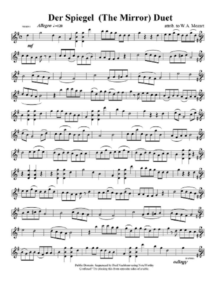 Figure 10: Music sheet ascribed to Mozart named _Der Spiegel Duet_ (the mirror duet). Because of the facts i) the key of G is reversible in the pentagram, ii) the notes are preferable written inside the pentagram and iii) the five lines of pentagram are identical from top to down, the joke is possible to be made and the song is successfully readable from both sides. Many current and more pioneers than Mozart composers have assimilated this musical sense and their music sheets are really very close to the waves that happen in nature. Such are the cases of Johann Sebastian Bach (Figure 11). In these pieces of music, waves of sounds are noticeable. However, variations, the origin of the wave or the end are not possible to predict easily, because they belong to the creativity of the composer and his inner brain activity. Contrary to figure 2, maximum and minimum are changeable in these waves, because notes for origin and end are modifying the final sound to make a beautiful song with a sense and meaning. Knowing better the fractals in music would enable us to understand creativity and its paths.