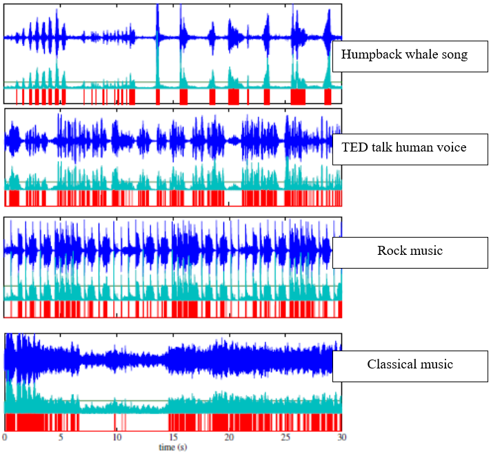 Figure 13: Different and specific statistical calculations of the weaves of sound during 4 minutes of recording length. The blue in each of them and its shapes are depicting the waves of sound variations through time and space (air or water). The whale song shows a predictable pattern with a structure of a common song with sequences and repetitions (introduction, chorus, rhythm, etc) all under the water. This distribution is similar to those of the human which implies voices and communication (TED talk and rock music, “Back to Black” by ACDC), pointing out the presence of vocalisations in all those sounds. However, they are all different from classical music, that is Brahms symphony number 4, where the musical structure is as fluid as sounds that are not vocalised [22].