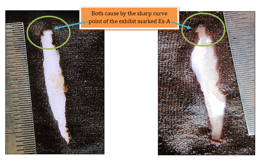 Figure 15: Tested Stabbing/Cut Mark (Ex-C). Figure 16: Suspected Stabbing/Cut Mark (Ex-C).