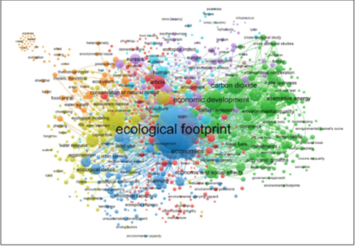 Figure 1: A bibliometric analysis of research themes on ‘Ecological footprint’. Top Panel: Visualization of the paper network confirming the main themes of research. Bottom Panel: Evolution of research trends between 1992 and 2024 based on the Scopus database. The colours in the top panel indicate the 1000 keywords/themes of research the papers are discussing, while the colours (based on 50 major keywords/themes) in the bottom panel indicate the year of publication, based on the Scopus database searched on 12 February 2024.