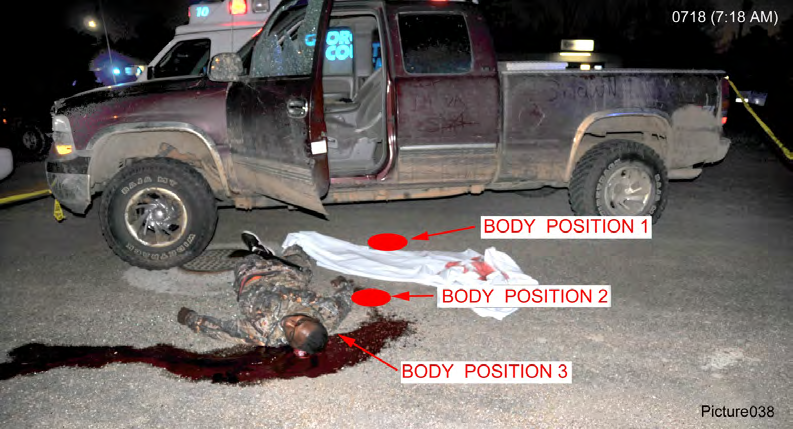 Figure 14: Estimated locations of the staged body positions (center torso positions at red dots); the sheet used to cover the body is to the right of the body. Image likely taken at 6:18 AM (0618).