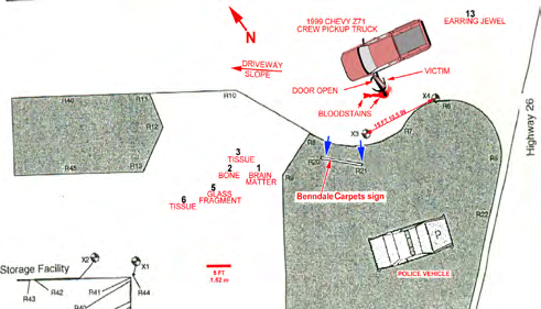 Figure 2: The shooting scene drawing provided in the discovery; the victim, truck and bloodstains graphics were redone due to poor copy quality. The truck’s driver side door was open and the victim was lying under it. The red graphics/lettering by the author, and the scale of the scene drawing was verified. The driveway slope is slightly downward in the direction of the arrow. Blue arrows indicate the locations on the Benndale Carpets sign that was hit with blood/tissue spatter.