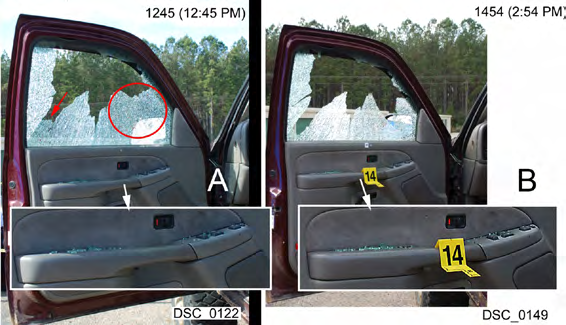 Figure 5: A. The appearance of the truck window at early afternoon (1245 (12:45 PM)); the circled area has the spattered blood and tissue from blowback as well as the subsequent loss of glass (see B). Red arrow points to the other area of the window where glass loss occurred. Backlighting prevents seeing blood and tissue coating on the window in this image (see Figure 3C). Inset: enlargement of armrest showing accumulation of glass shards from the initial window break. B. Image shows the collapse of some of the glass from the window, which occurred between 1245 (12:45 PM) and 1454 (2:54 PM); the inset of the armrest glass shards showed few shards were added, which means the additional collapse of the tempered fracture glass mosaic was mainly towards the exterior side of the open door.