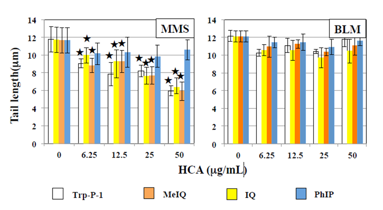 Figure 2: Effects of HCAs on comet responses by MMS and BLM in WK1 cells. Comet slides were prepared after the culture for 2 h with HCAs after 1-h exposure to 40 µg/mL MMS or 5 µg/mL BLM. The error bars indicate standard deviation of the mean of three independent trials ★ Significantly lower than 0 µg/mL HCA control: p<0.05.