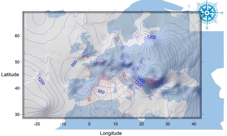 Figure 20: The main areas of influence of solar alpha radiation on mortality in the Europe and Mediterranean region are the Balkans and, to a lesser extent, the Western Mediterranean. (Software Surfer 10).