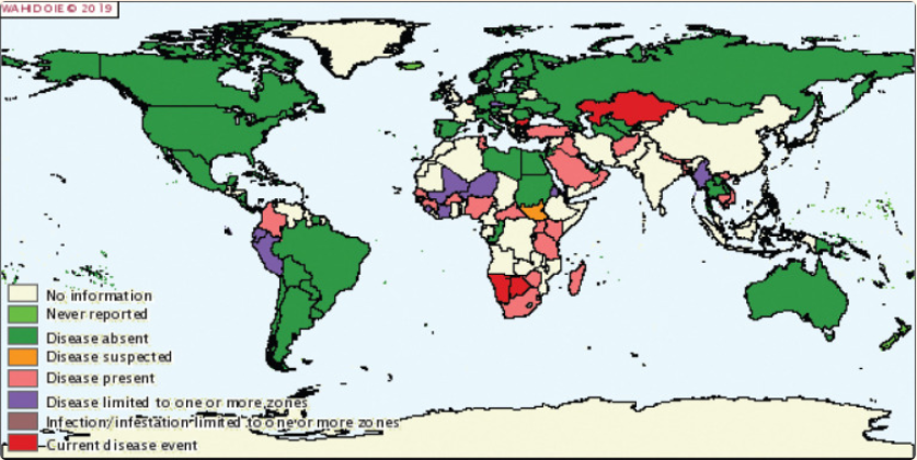 Figure 2: The global scenario of Newcastle disease virus (NDV) outbreaks in different parts of the world [74] (OIE, 2018).