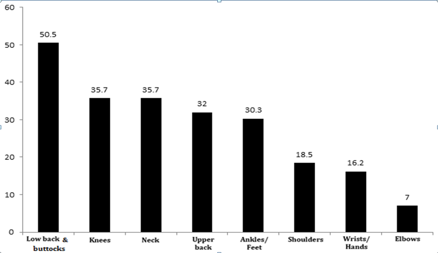 Figure 1: The quality of prevalence of musculoskeletal disorders among Sewing Machine Operators studied in the last 12 months.