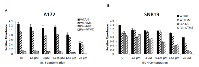 Figure 6: Cells were treated with Par-4 plasmid or empty plasmid for 24 hours prior to drug treatment. ISC-4, at the indicated concentrations, and TMZ at 250 μM, were added alone and in combination. A. A172 cells B. SNB19 cells.