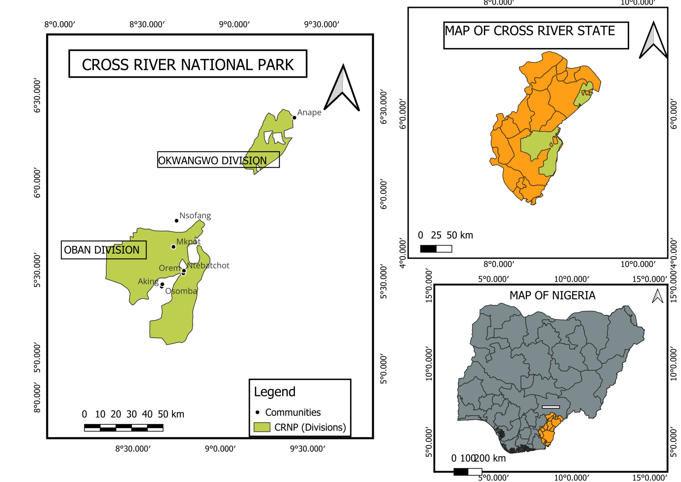 Figure 1: Map showing both divisions of Cross River National Park and communities visited.
