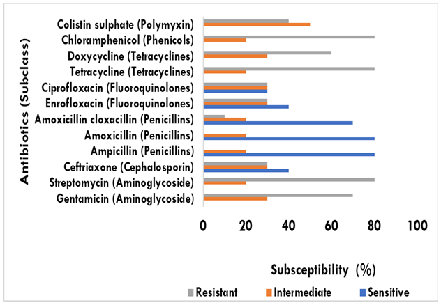 Figure 4: Antibiotic susceptibility pattern of Enterococcus faecalis isolates from infected Clarias gariepinus juvenile.