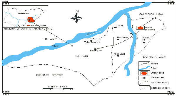 Figure 1: Map of Wukari LGA showing River Gidin Dorowa (Study Area).