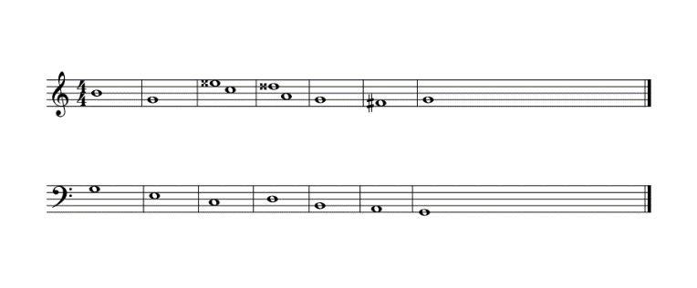 Figure 1: Example of a note-against-note-counterpoint education exercise borrowed from J.J. Fux (1725) Gradus ad Parnassum [6]. The cantus firmus (melody line) is in the lower stave. The double sharps in the counterpoint stave (above) here indicate suggestions for improvement, made by the fictitious master ‘Aloysius’ (referring to Da Palestrina). The suggested correction is to avoid an interval consisting of an augmented (major) sixth for the singers (J.J. Fux, op. cited, p. 28).