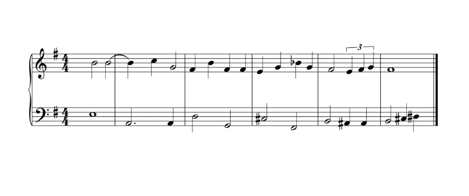Figure 5: Example of counterpoint in a fragment from Michelle song by Lennon and Mc Cartney (1965) (33). Fragment showing soprano and bass parts of an arrangement for 5 voices (The Jazz lovers, www. sheetmusiclibrary.website).