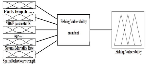 Figure 4: Fuzzy inference system variables (Inputs: FLmax, K, Tmax, M, S; Output: FV).