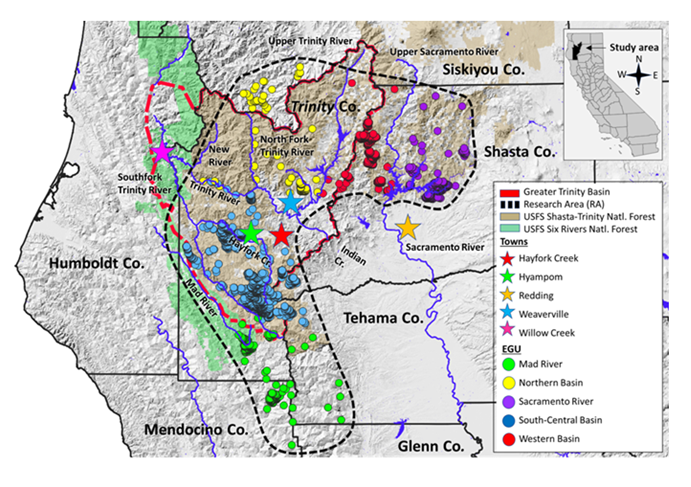 Figure 1: Map of study area and distribution of point-samples for M. churchi and each Eco-geographic Unit (EGU) separated by major river systems. Dashed black line represents an arbitrary polygon surrounding all observed point-samples used herein. Point-samples are colored by EGU.