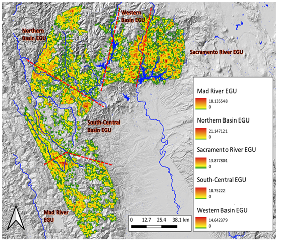 Figure 6: Habitat suitability heatmaps for each Eco-Geographic Unit (EGU) within the geographic range of M. churchi. Suitability ranged from Low = green color, Medium = yellow color, to High = red color. Inset numbers represent the comparative range in hypothesized potential grid-cell density (D.Est.) for snails surrounding each sample site in different colored habitat landscapes.