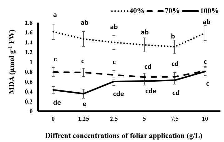 Figure 4: Comparison of mean amounts of Malondialdehyde (MDA) in black cumin under different levels of irrigation and different concentrations of spraying of tragacanth gum.