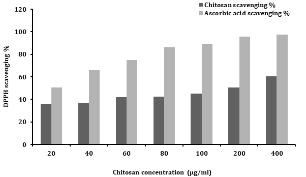 Figure 6: Different concentrations of chitosan and ascorbic acid antioxidant activity in scavenging from mole crab Emerita emeritus. Data represents mean of triplicate repeats of three determinations.
