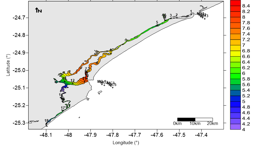 Figure 4: Difference of values of temperature in surface water (summer subtracted winter ).