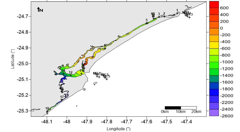 Figure 8: Difference of values of _f_CO2 in surface water (summer subtracted winter).