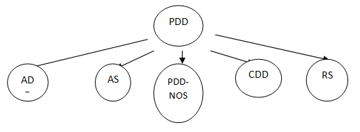 Figure 5: A diagram illustrating the Pervasive Developmental Disorders. AD: Autistic Disorder, also known as Kanner's syndrome; AS: Asperger's Syndrome; PDD-NOS: Pervasive Developmental Disorder-Not Otherwise Specified, also called Atypical Autism; CDD: Childhood Disintegrative Disorder, also known as Heller's syndrome; RS: Rett's Syndrome. The first three conditions are referred to Autism Spectrum Disorders (ASD) and the last two are much more uncommon [16,17]. It is obvious that the number of cases with autism spectrum disorders is growing. In one century, the prevalence increased from 1 in every 15,000 to 1 in every 100 in the UK, which means more than 700,000 persons in the UK living with autism with varying degree of severity, boys affected 4 times than girls. The general prevalence is on the rise. Many factors are may put the person at risk of having autism, like: