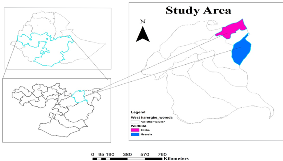 Figure 1: West Hararge zone of Oromia Regional State. Two districts namely Doba and Mesala districts were selected purposively based on their extent of chicken production potential and agroecology..