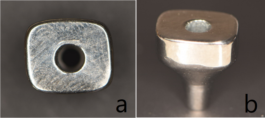 Figure 4: (a) Cross-sectional morphology of modified anatomic healing abutment of mandibular first molar. (b) Lateral morphology of modified anatomic healing abutment of mandibular first molar.