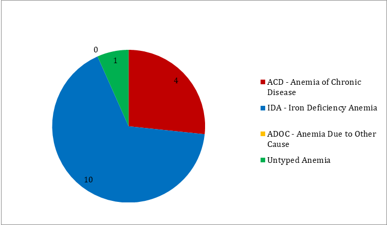 Figure 5: Pie Chart Including the Number of Patients who had Bleeding Among the Four Different Groups of Anemia Categorized in the Study.