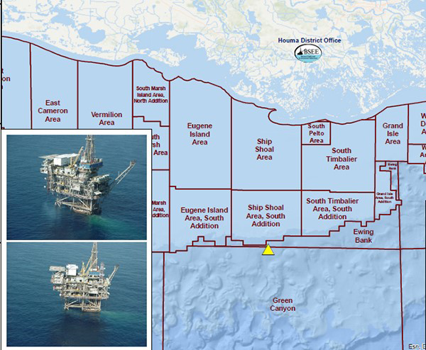 Figure 4: An image of various blocks in the GOM from Houston Public Media with Ship Shoal highlighted in a red box.
