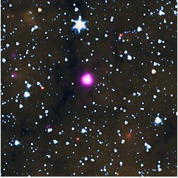 Figure 6: Image of Swift J1818.0–1607 (pink) composited with an infrared photograph of its location in the sky (Credit Chandra X-ray Observatory, NASA).