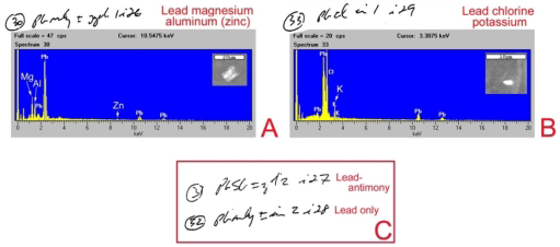 Figure 15: Spectra, images, and handwritten notes of particles associated with the black belt and buckle; the actual elemental identity is provided in the upper right of each spectrum. Elements in parentheses may be from surrounding particles. A. Particle 30, image 26; the presence of Mg, Al, and Zn) in the particles, but they were not noted in the spectrum. B. Particle 33, image 29. K was missing in note. C. Selected listing of particles of interest in this analysis.