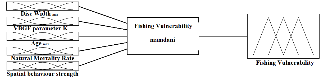 Figure 4: Fuzzy inference system variables (Inputs: DWmax, K, Tmax, M, S; Output: FV).