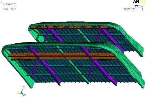 Figure 11: View of the left hand side of the complete model. The light blue part represents the steel hull structures while the dark part represents the aluminium light alloy superstructures.