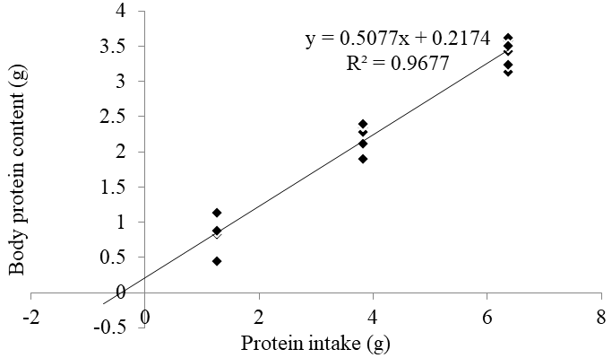 Figure 1: Relationship between protein intake and body protein content with pig feed.