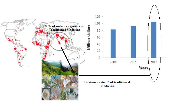 Figure 1: The global demand for traditional medicine. World Health Organization defined Traditional Medicine (TM) as diverse health practices, approaches, knowledge and beliefs incorporating plant, animal, and/or mineral based medicines, spiritual therapies, manual techniques and exercises applied singularly or in combination to maintain well-being, as well as to treat, diagnose or prevent illness. TM systems such as Traditional Chinese Medicine, Indian Ayurveda, Siddha and Arabic Unani Medicine and a variety of indigenous TM systems have also been developed throughout history by Asian, African, Arabic, Native American, Oceanic, Central and South American and other cultures. In the past decade there has been renewed attention and interest in the usage of traditional medicines globally. TM is practiced throughout the world representing Australia (48%), Belgium (38%), China (40%), Chile, (71%), Columbia (40%), Canada (70%), France (75%), India (65%), U.S. (42%) and up to 80% in African countries. Plants have formed the basis of sophisticated TM practices that have been used for thousands of years by people in China, India, and many other countries [9].