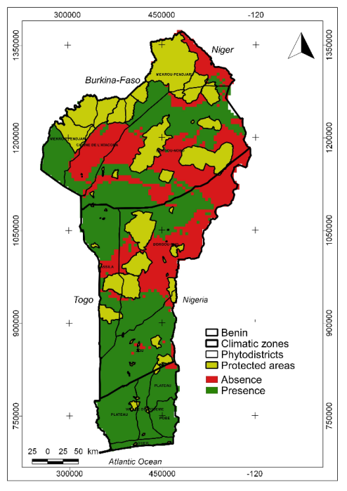 Figure 11: Network of protected areas and the spatial distribution of S. mombin at the scale of Benin in the present.