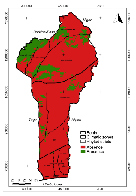 Figure 8: Projection of the spatial distribution of S. mombin at horizon 2055 under rcp 8.5.