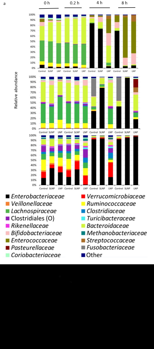 Figure 3: Analysis of Illumina sequencing data for _in vitro_ batch model a) Live bacterial community analysis of 16S rRNA gene sequencing at family level for _in vitro_ batch culture fermentation treated with propidium monazide. Key shows classification of bacterial families b) Relative abundance of _Enterobacteriaceae_ from 16S rRNA gene sequencing at 4 h c) Alpha diversity plot showed no difference in microbiota diversity due to treatment, with Control (orange), Scrambled-TFD LNPs (blue), and LNPs with the active FNR TFD (red). Representative data from one donor was shown (see also Figure S2). D) Principal coordinate analysis (PCoA) generated from weight UniFrac analysis from a representative experiment, where x-, y- and z-axis represents the first, second and third principal coordinates respectively (see also Figure S3).