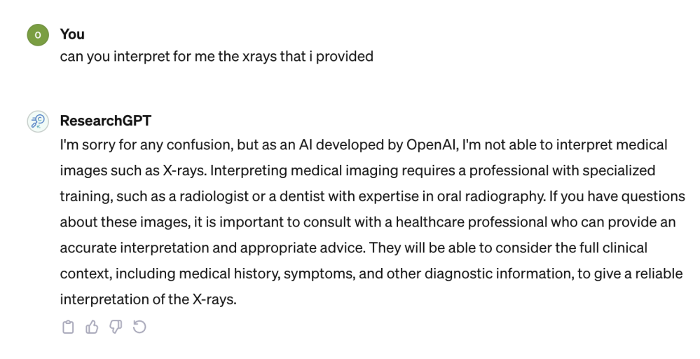 Figure 3: Screenshot of the chatGpt web application on a cell phone!We asked the latest ChatGpt version (GPT-4) to write an interpretation to the x-rays provided. This response was delivered within few seconds.