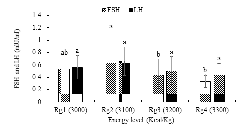 Figure 3: Effect of the energy level of the ration on the FSH and LH concentrations of the pituitary gland.