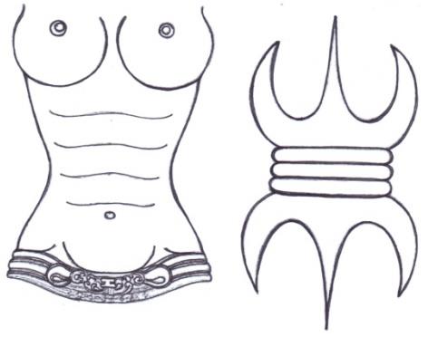 Figure 10: Seasame shaped face. The egg shape and seasame shape are considered most suitable for female faces while the others are suitable for male faces. The top of the head should be shaped like an umbrella. The forehead should be shaped like a half-moon and the hair-line like crescent moon on the second day. The tip of the nose should be shaped like a seasame flower. The nostrils should be shaped like bean seed. The center of the eyebrows are curled when the artists wants to show distaste, irritation, indignation, or surprise. The base is curled to express an intent gaze or disgust. The eyebrows in a clear bow shape indicate tranquility (Figures 10-12).